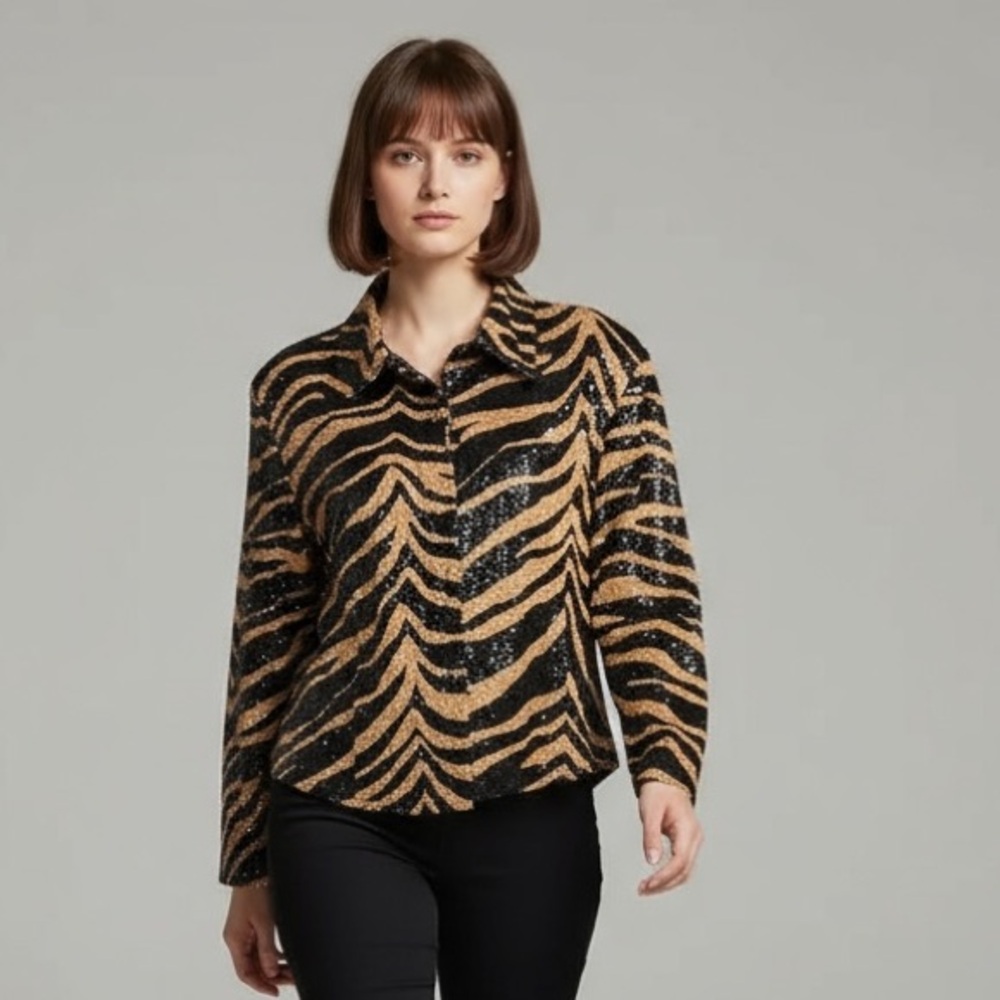 Y2K Zip Front Tiger Animal Print Padded Shoulder Sequin Jacket Size XL